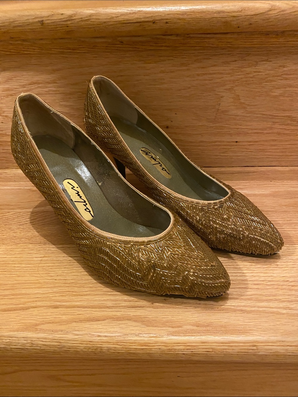 Impo beaded Metallic Gold Pointed Pumps